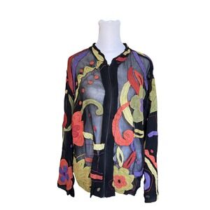 Chicos Silk Sheer Floral Applique Zip Jacket Black Multi Color Size 3